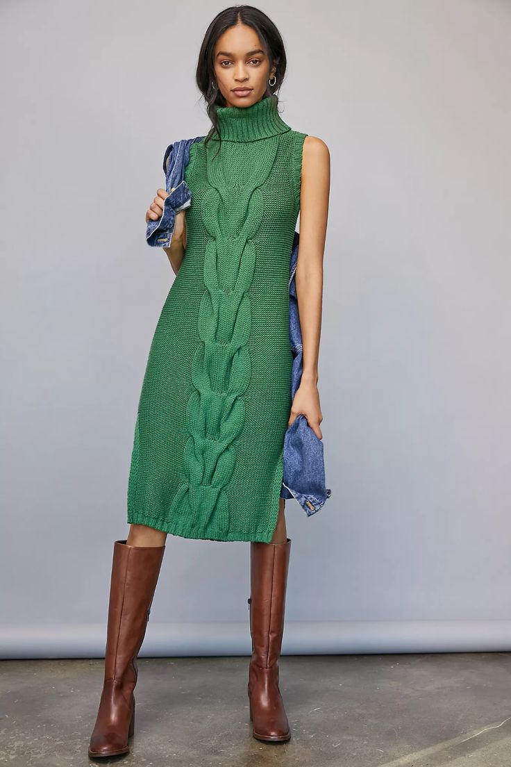 20 Woven Turtleneck Dress Layering Ideas to Copy with Boots - 6. Emerald Cable Knit with a Denim Layer 1