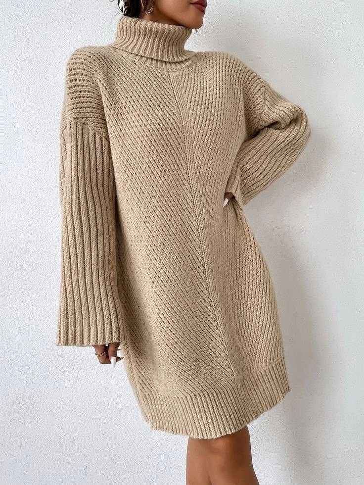 20 Woven Turtleneck Dress Layering Ideas to Copy with Boots - 8. Textured Taupe with a Simple Ankle Boot 1