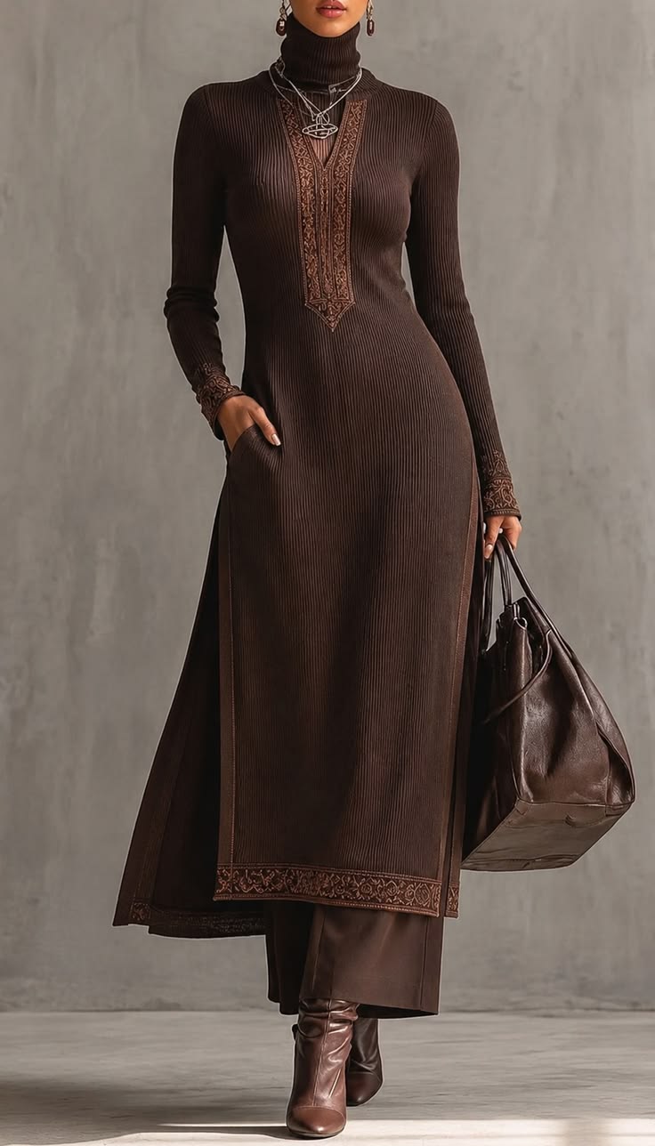 20 Woven Turtleneck Dress Layering Ideas to Copy with Boots - 9. Embroidered Chocolate Knit for a Rich Layered Look 1
